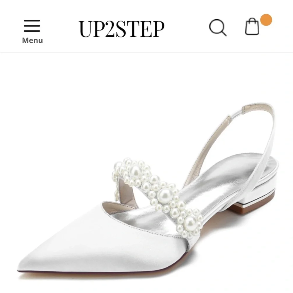 Up2Step White Pearl Embellished Satin Flats Slingbacks Pumps Closed Toe Flat - Picture 4 of 4